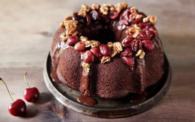 Chocolate Chipotle Cake with Roasted Cherries and Maple Salted Pecans